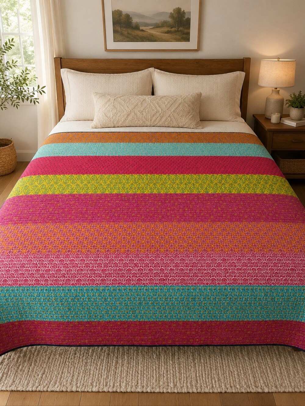 Anthology King Quilt 106x96 Colorful Floral Boho Reversible Cotton Patchwork